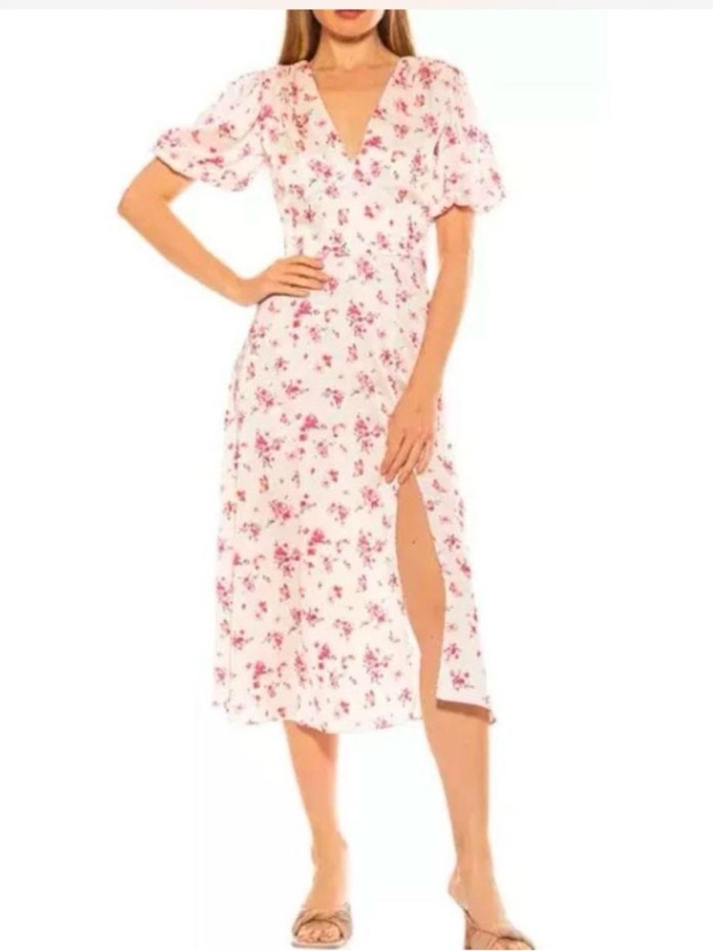 Alexia Admor Ditsy Floral Silky V-Neck Pink Midi Dress with Side Slit Size 4